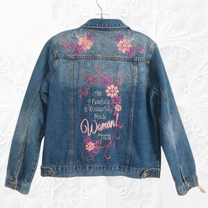 Embroidered Denim Jacket Faith Bible Verse Floral Jean Jacket Large Psalms